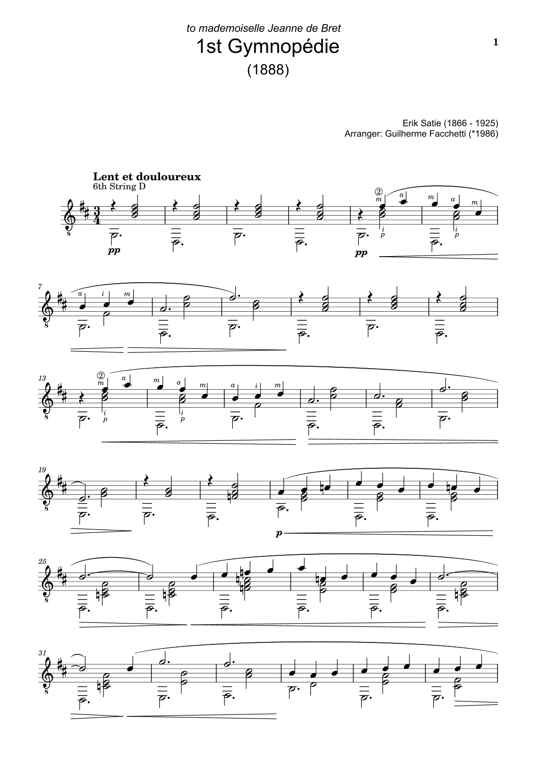 Erik Satie - 1st Gymnopédie. Arrangement for Classical Guitar (arr. Guilherme Facchetti)