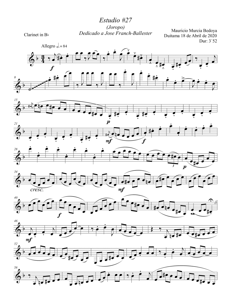 Etude #27 (Joropo), for Solo Clarinet