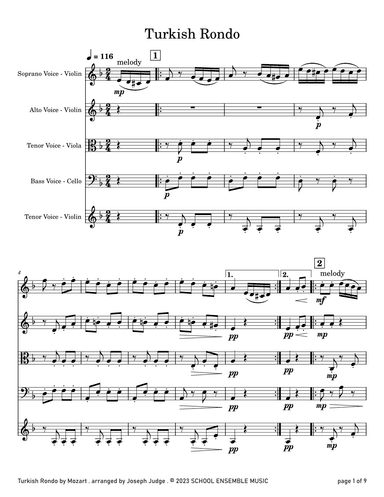 Turkish Rondo by Mozart for String Quartet in Schools (arr. Joseph Judge)