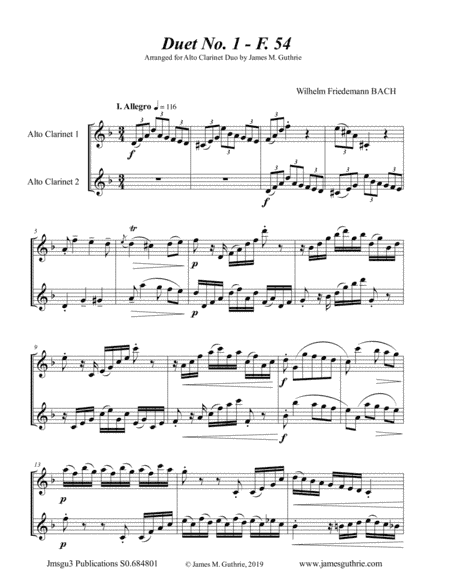 WF Bach: The Six Duets Complete for Alto Clarinet Duo (arr. James M. Guthrie, ASCAP)