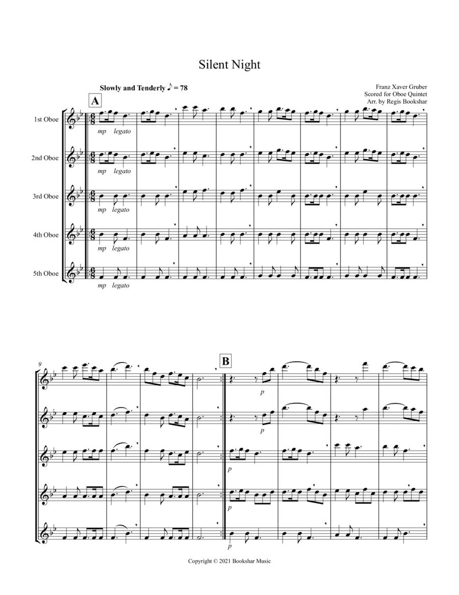 Silent Night (Bb) (Oboe Quintet) (arr. Regis Bookshar)