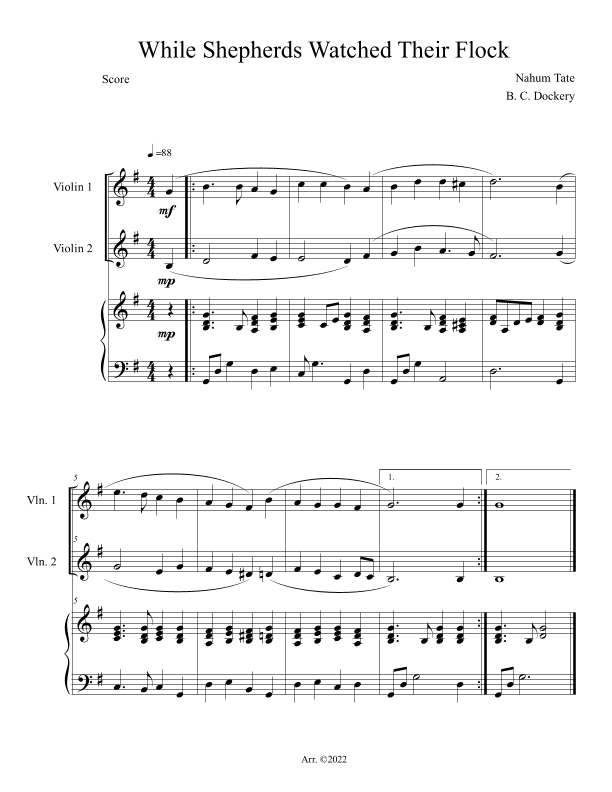 While Shepherds Watched Their Flock (Violin Duet with Piano Accompaniment) (arr. B. C. Dockery)
