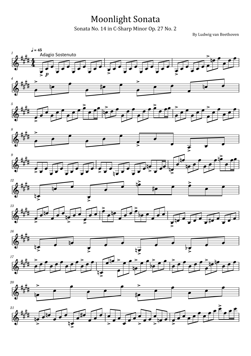 Moonlight Sonata - Sonata No. 14 in C-Sharp Minor Op. 27 No. 2  - For violin solo (arr. poon)