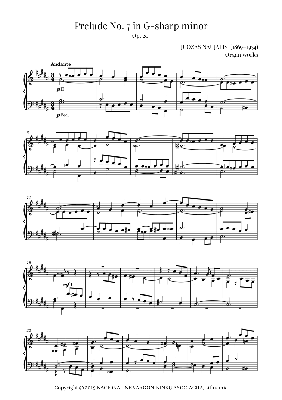 Prelude No. 7 in G-sharp minor, Op. 20 by Juozas Naujalis (1869–1934)