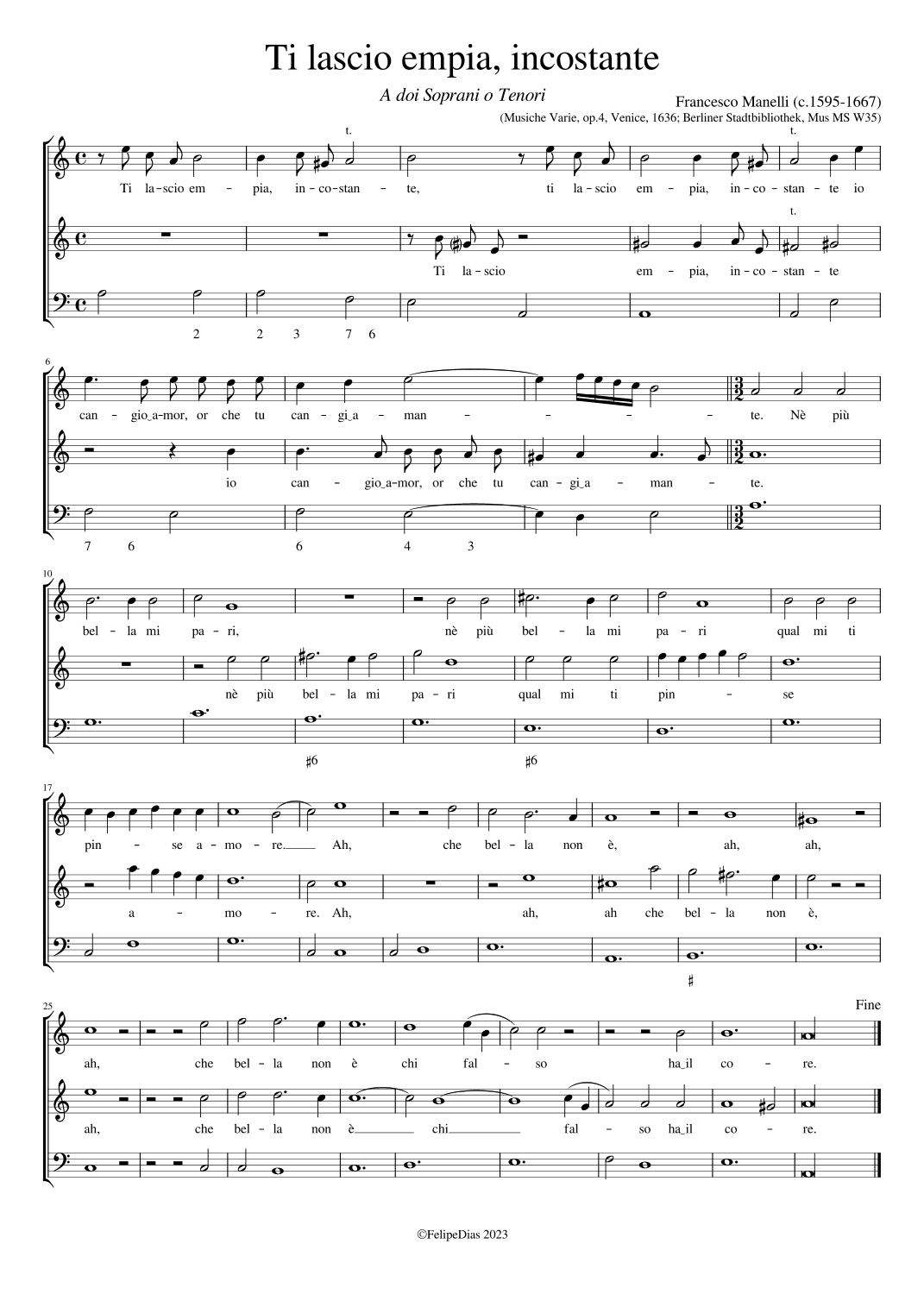 Ti lascio empia incostante (arr. Early Music Scores)
