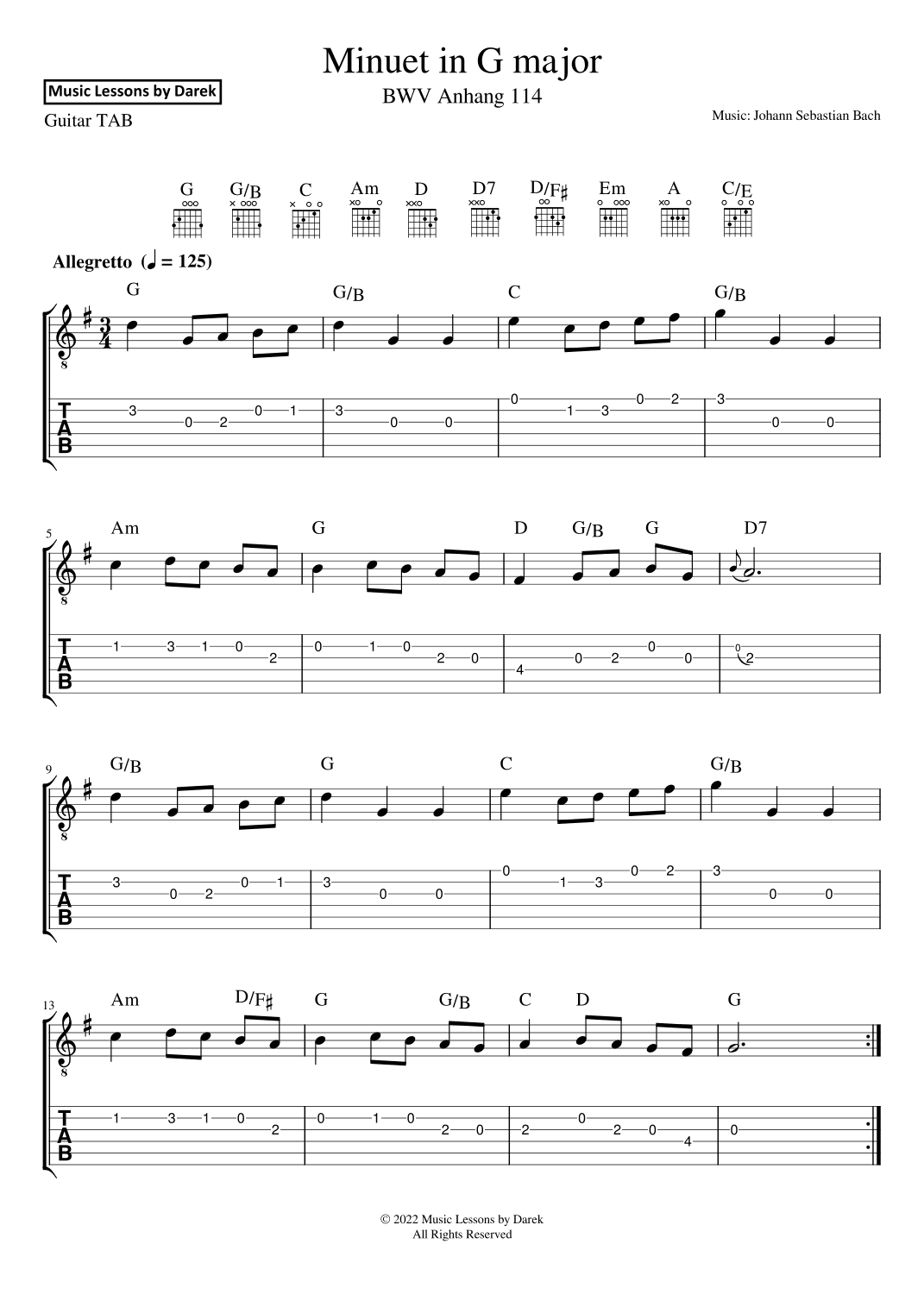 Minuet in G major (GUITAR TAB) BWV Anhang 114 [Johann Sebastian Bach] (arr. Darek)