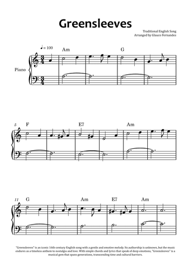 Greensleeves - Easy Piano with Chord Charts (arr. Glauco Fernandes)