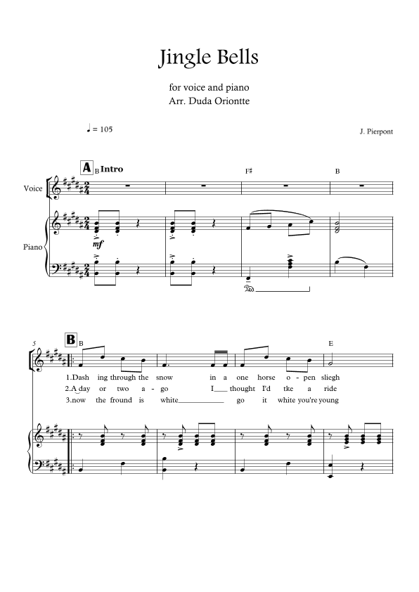Jingle Bells (B major - one voice - with chords) (arr. Duda Oriontte)