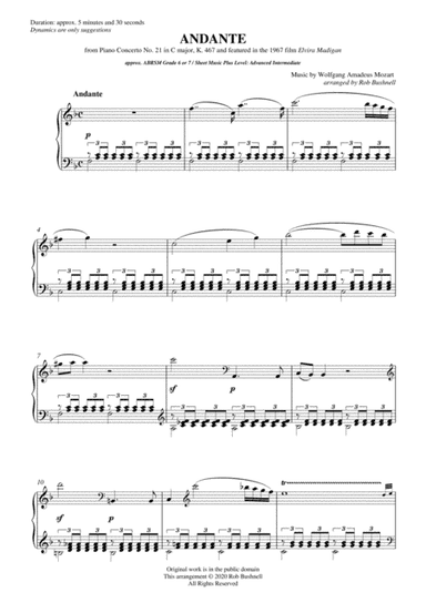 Andante (2nd Movement) from Piano Concerto No. 21 "Elvira Madigan" (Mozart) - Solo Piano (Level 4) (arr. Rob Bushnell)