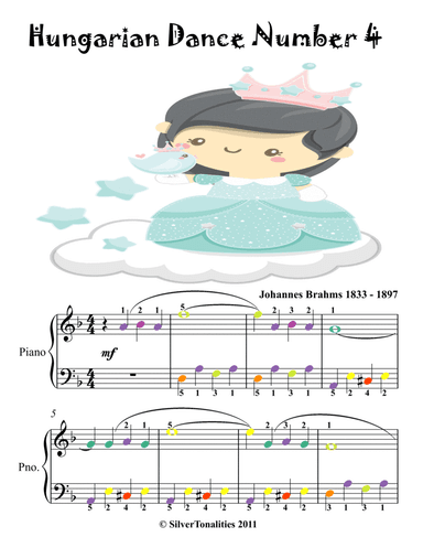 Hungarian Dance Number 4 Easy Piano Sheet Music with Colored Notes (arr. SilverTonalities)