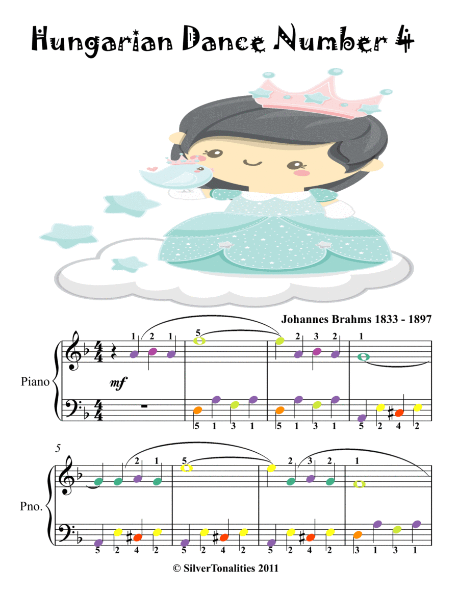 Hungarian Dance Number 4 Easy Piano Sheet Music with Colored Notes (arr. SilverTonalities)