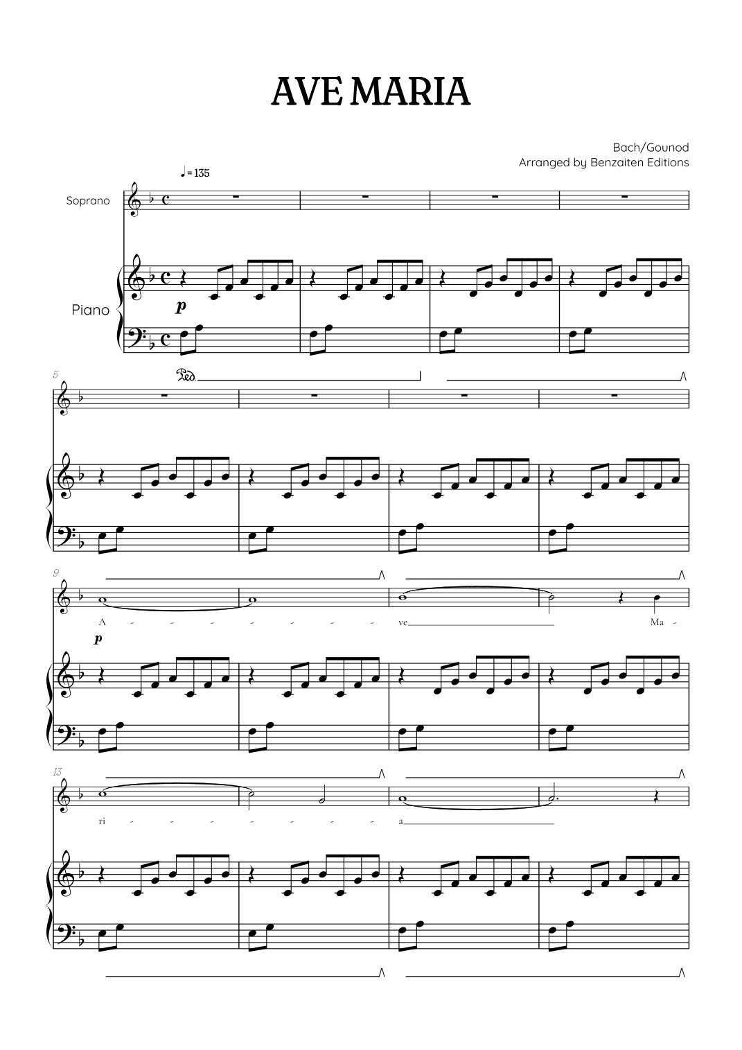Bach / Gounod Ave Maria in F major • soprano sheet music with piano accompaniment (arr. Benzaiten Editions)