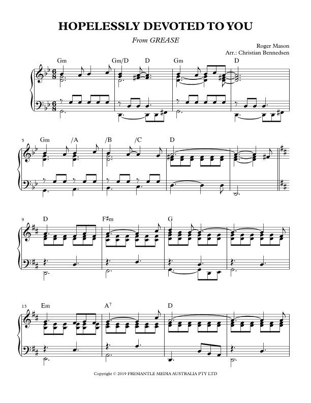 Olivia Newton-john: Hopelessly Devoted To You (the (arr. Christian Bennedsen)