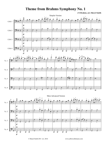 Theme from Brahms Symphony No.1, Fourth Movement for four cellos (cello quartet) (arr. Yellow Cello Music)