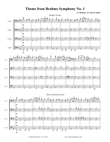 Theme from Brahms Symphony No.1, Fourth Movement for four cellos (cello quartet) (arr. Yellow Cello Music)