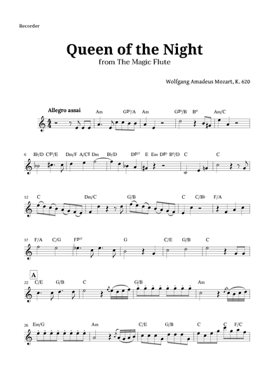 Queen of the Night by Mozart for Recorder with Chords (arr. Langanho)