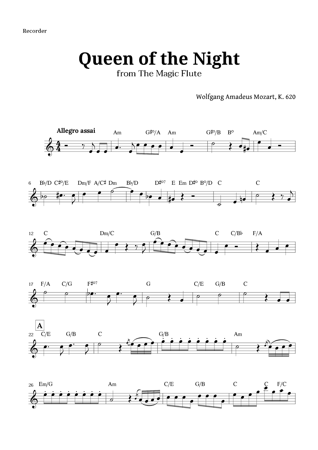 Queen of the Night by Mozart for Recorder with Chords (arr. Langanho)