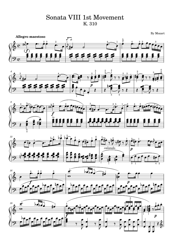 Mozart K.310 in A Minor Sonata No.8 1st Movement,Piano Solo Sheet (arr. poon)