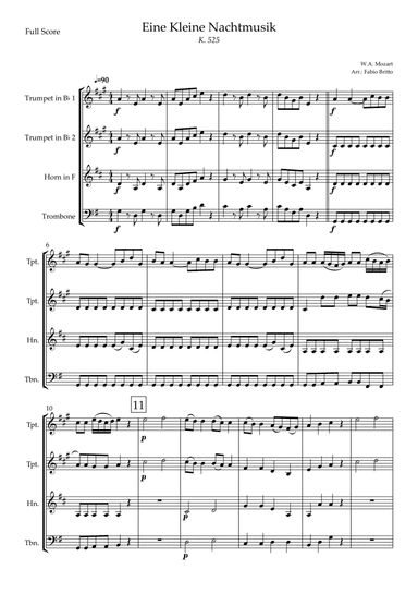 Eine kleine Nachtmusik (W.A. Mozart) for Brass Quartet (Simplified) (arr. Fabio Britto)