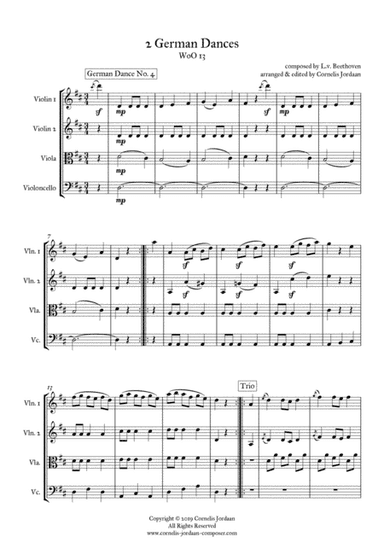 BEETHOVEN : 2 German Dances, WoO 13, arranged for string quartet (arr. Cornelis Jordaan)
