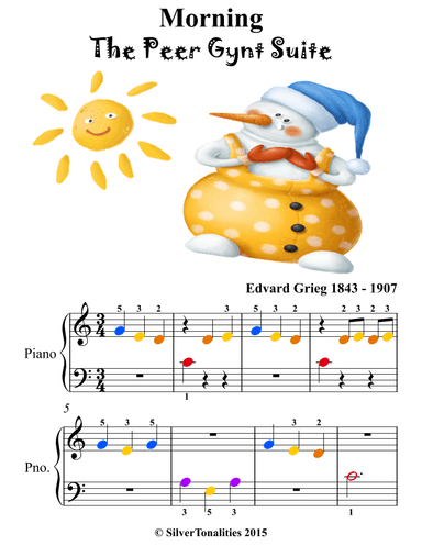 Morning Peer Gynt Suite Beginner Piano with Colored Notes (arr. SilverTonalities)