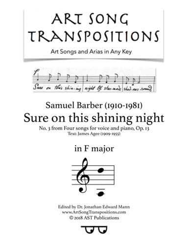 Sure On This Shining Night, Op. 13, No. 13 (arr. ArtSongTranspositions.com)