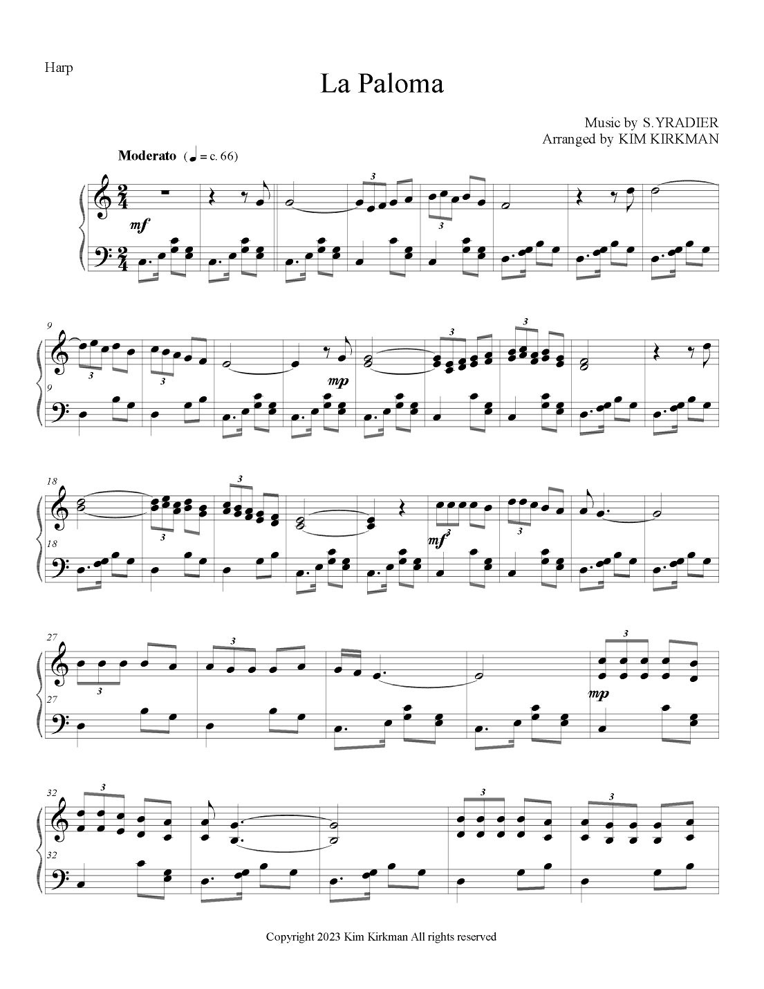 La Paloma for lever harp (no levers required) (arr. Kim Kirkman)