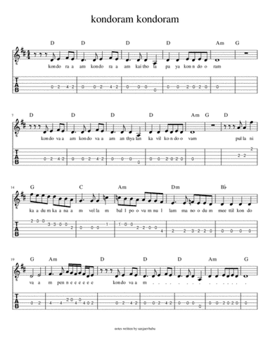 odiyan song kondoram kondoram sheet music (arr. indian guitar lessons)