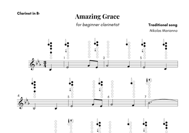 Amazing Grace for beginner clarinetist with finger chart (arr. Nikolas Marianno)