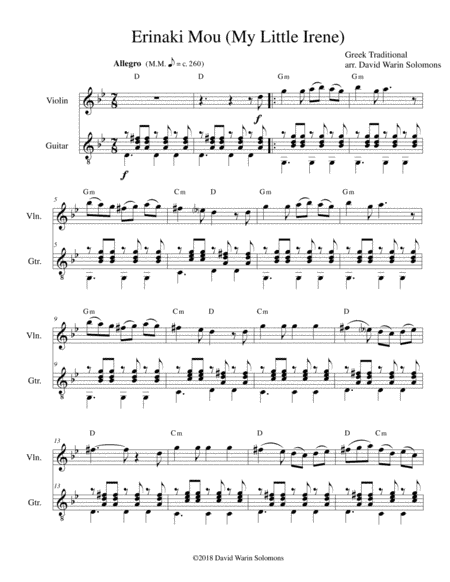 Erinaki mou - Ερηνάκι μου (My little Irene) for violin and guitar (arr. David Warin Solomons)