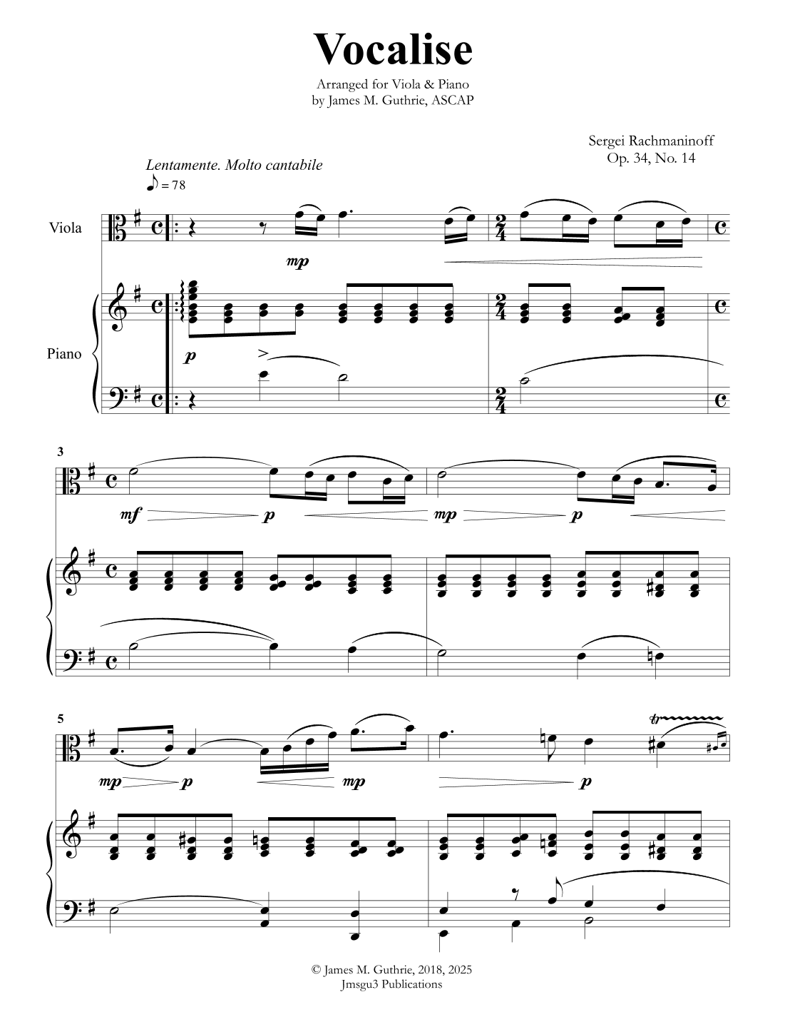 Rachmaninoff: Vocalise for Viola & Piano (arr. James M. Guthrie, ASCAP)