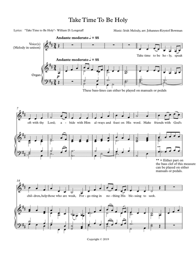 Take Time To Be Holy for voice(s) and orchestra (arr. Johannes Bowman (BowString Music))
