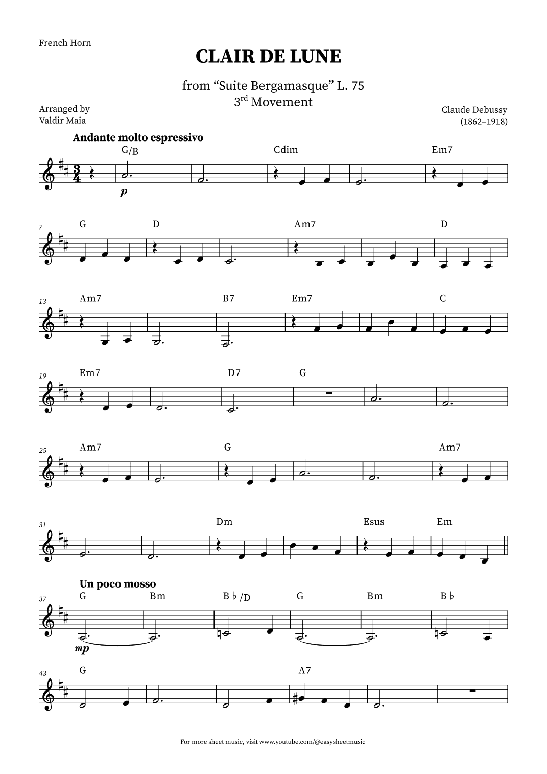 Clair de Lune - French Horn + CHORDS (arr. Valdir Maia)
