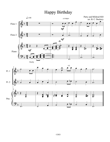 Happy Birthday for 2 Flutes and Piano (arr. B. C. Dockery)