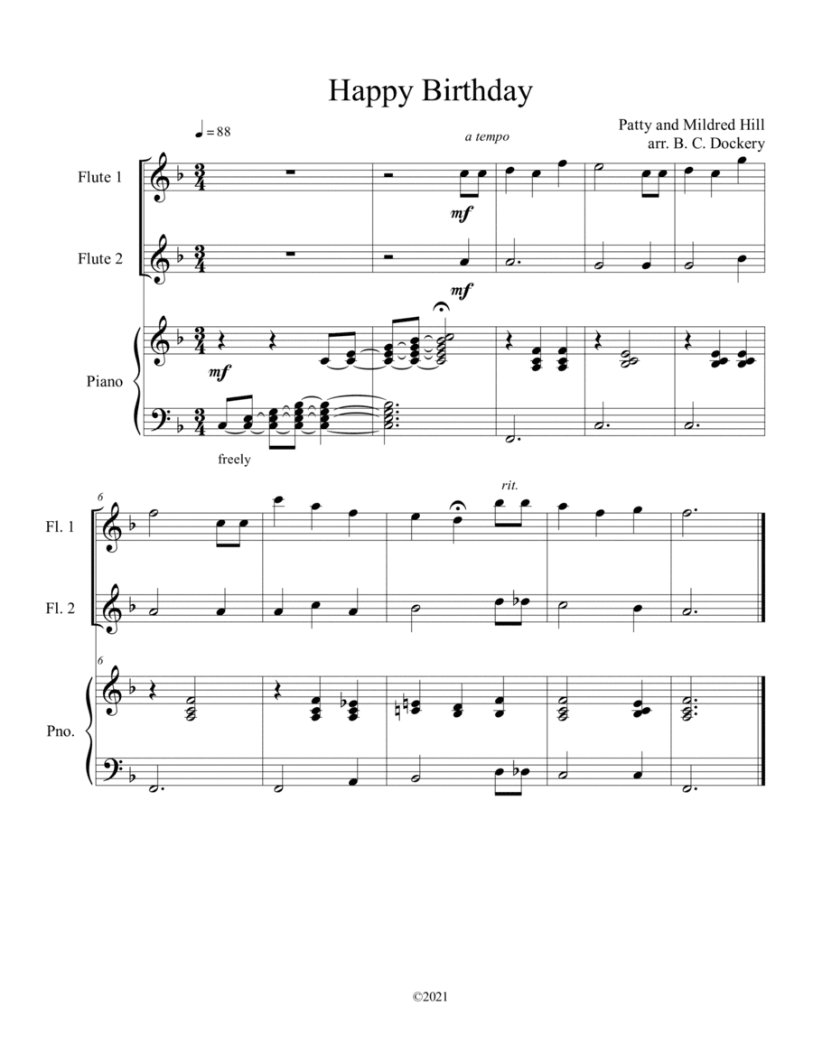 Happy Birthday for 2 Flutes and Piano (arr. B. C. Dockery)