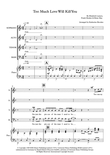 Too Much Love Will Kill You (arr. Katherine Brookes)