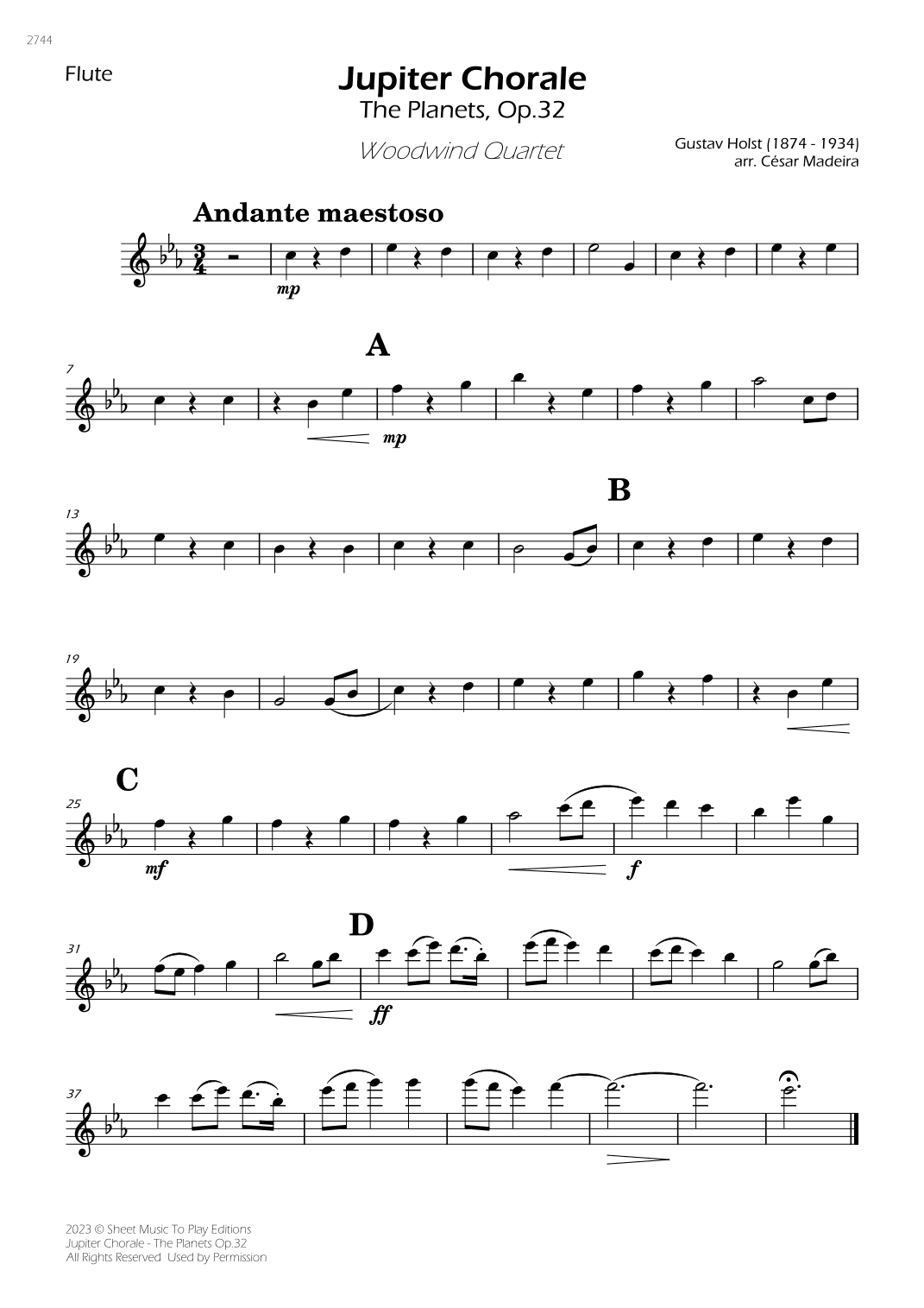 Jupiter Chorale from The Planets - Woodwind Quartet (Individual Parts) (arr. César Madeira)