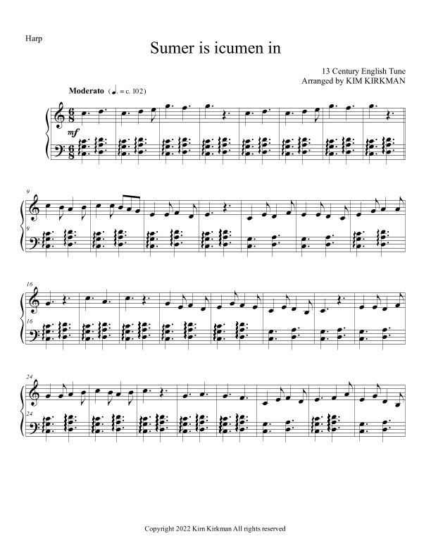 Sumer is icume in for solo harp (no levers required) (arr. Kim Kirkman)