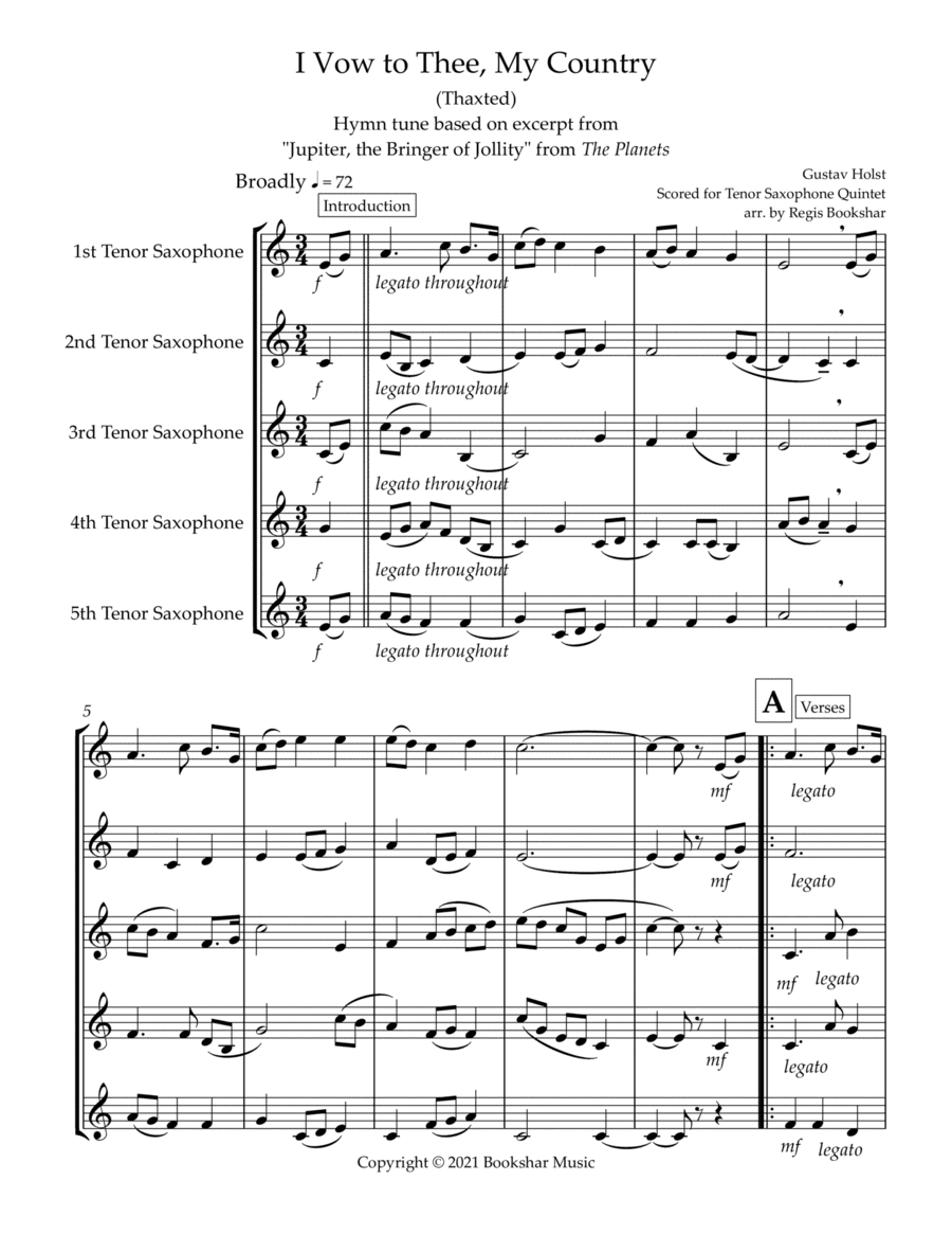 I Vow to Thee, My Country (Thaxted) (Bb) (Tenor Saxophone Quintet) (arr. Regis Bookshar)