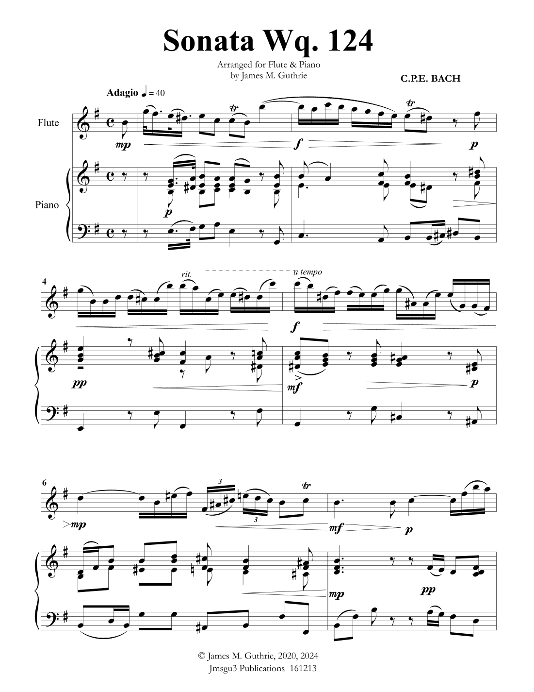 CPE BACH: Sonata in E Minor WQ124 for Flute & Piano (arr. James Guthrie, ASCAP)