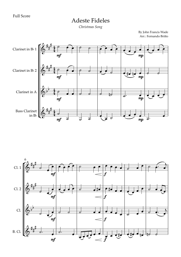 Adeste Fideles (Christmas Song) for Clarinet Quartet (arr. Fernando Britto)