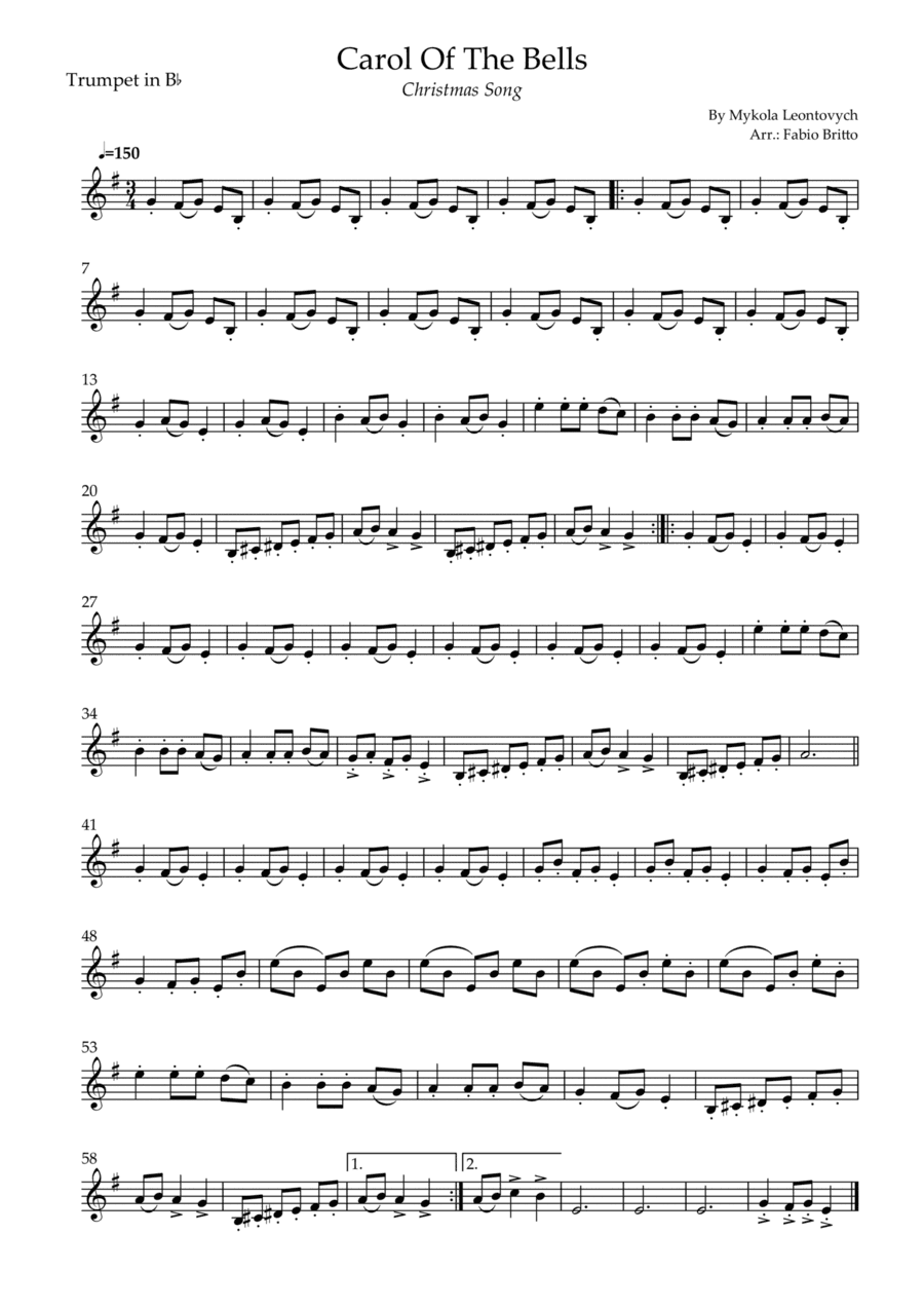 Carol Of The Bells (Christmas Song) for Trumpet in Bb Solo (D Minor) (arr. Fabio Britto)