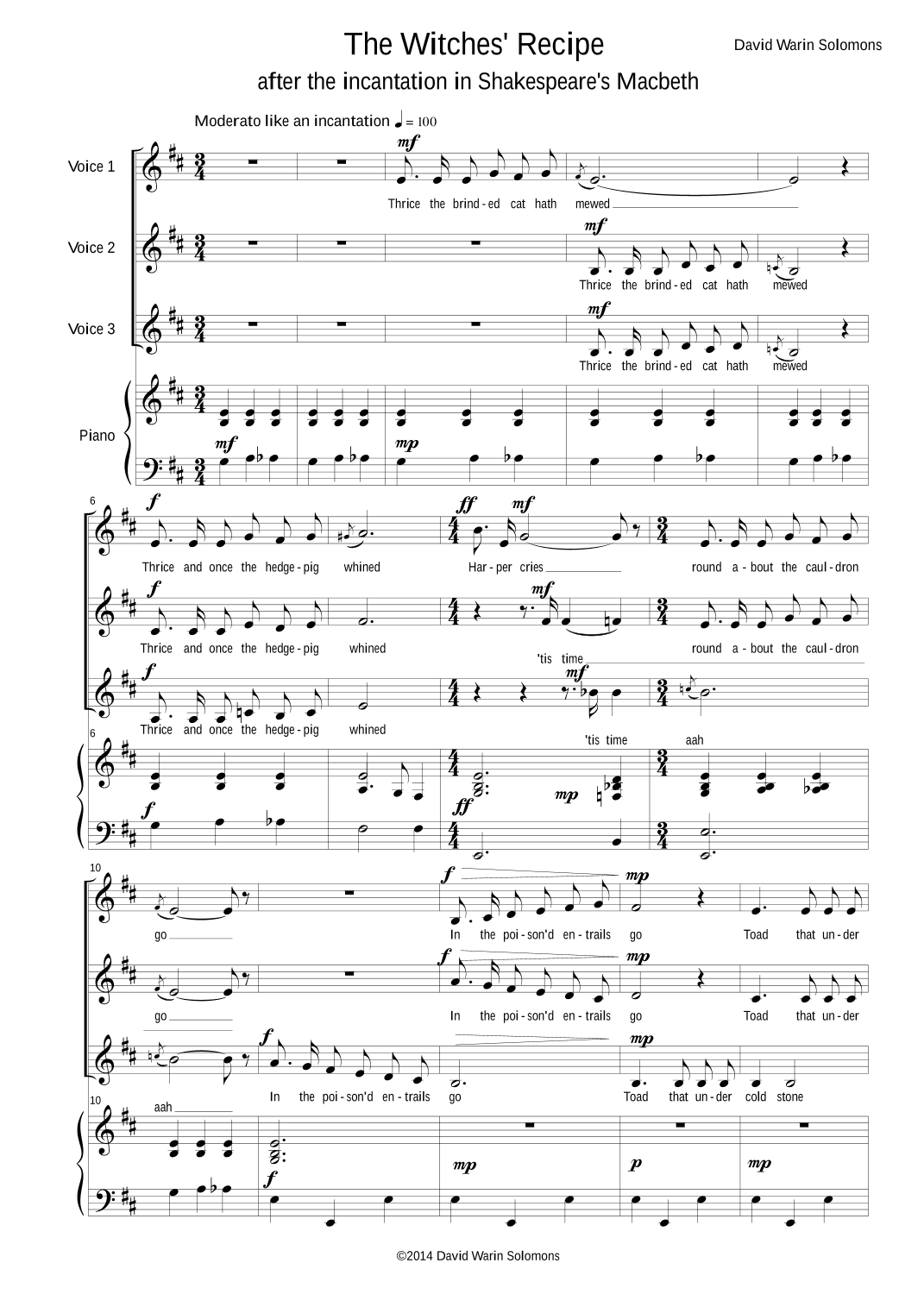 The Recipe (Double, double toil and trouble from Shakespeare's three witches) 3 altos and piano