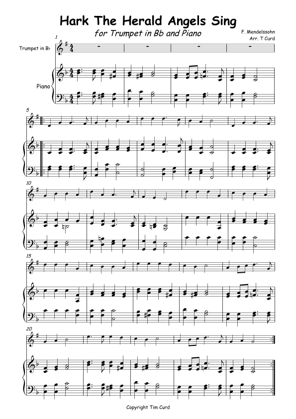 Hark The Herald Angels Sing for Solo Trumpet in Bb and Piano (arr. Tim Curd)