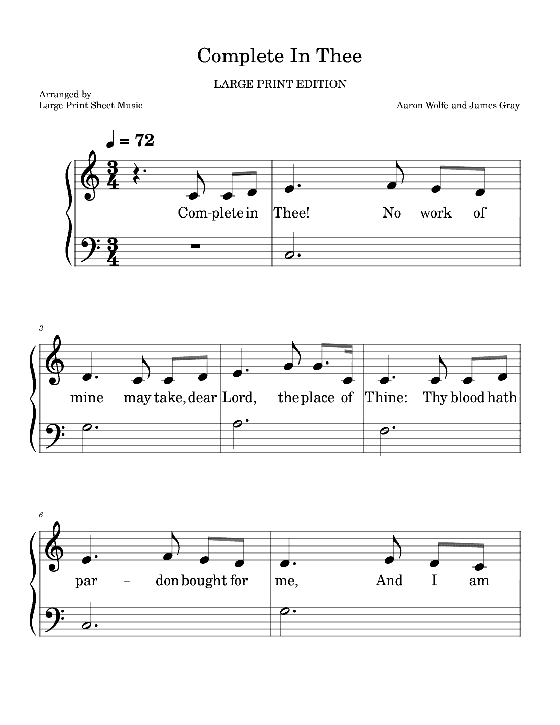 Complete In Thee LARGE PRINT Easy Piano Praise and Worship Hymn (arr. Large Print Sheet Music)
