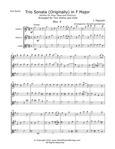 Pepusch, J. - Sonata in F (Mvt.4) for Two Violins and Viola (arr. Linda M. Scott)