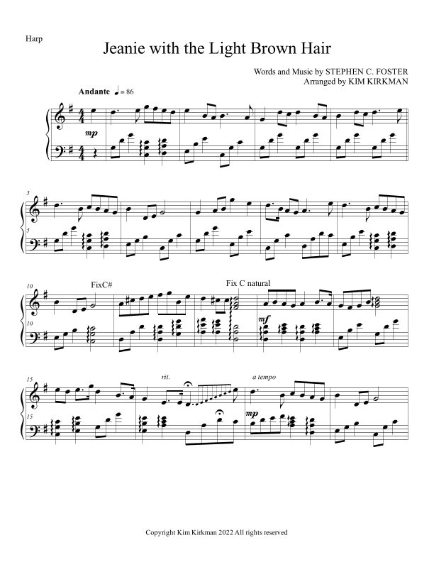 (I dream of) Jeanie with the light brown hair for solo harp - one lever change (arr. Kim Kirkman)