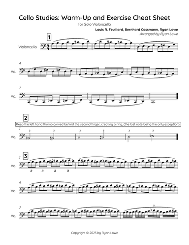 Cello Studies: Warm-Up and Exercise Cheat Sheet (arr. Ryan Lowe)
