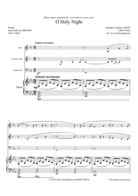 O Holy Night; Cantique de Noel - Flute, Clarinet, Cello and Piano (arr. Anne L Christopherson GRSM ARCM)