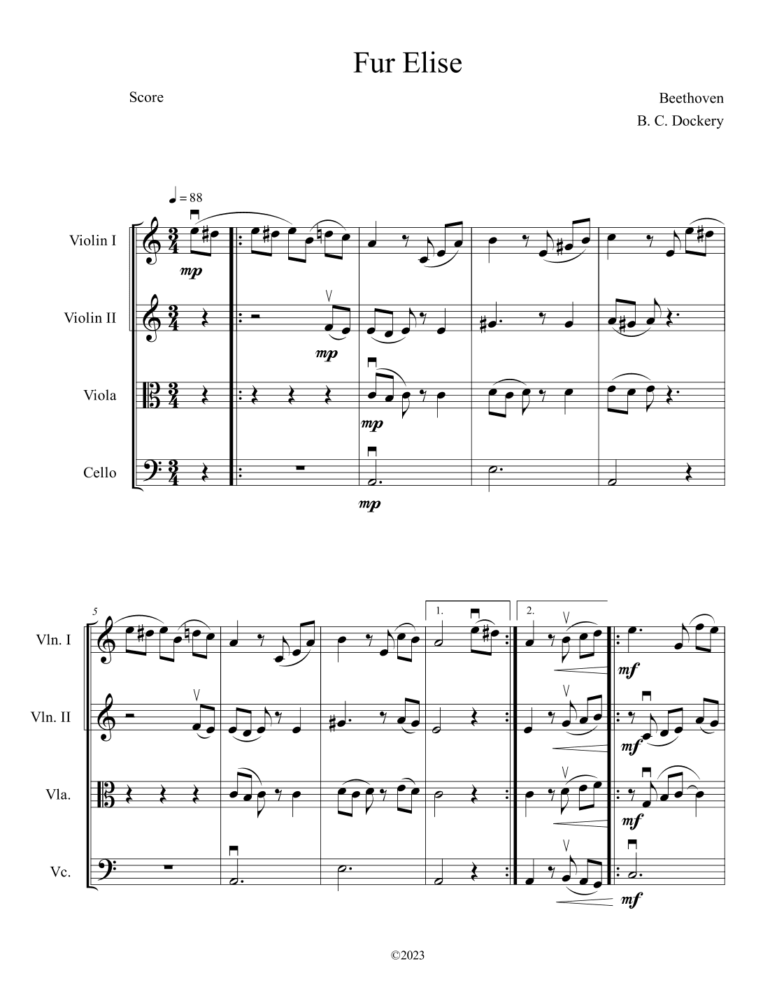 Fur Elise (String Quartet) (arr. B. C. Dockery)